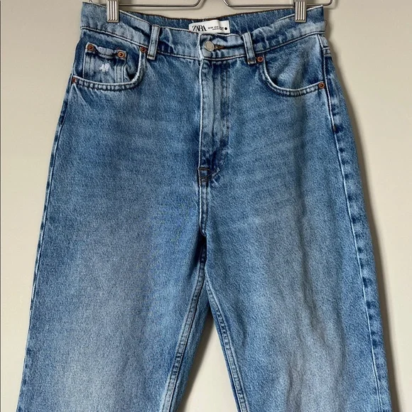 ZARA High-Rise Wide-Leg Jeans Vintage Wash Distressed Raw Hem Size 6 - Picture 5 of 11